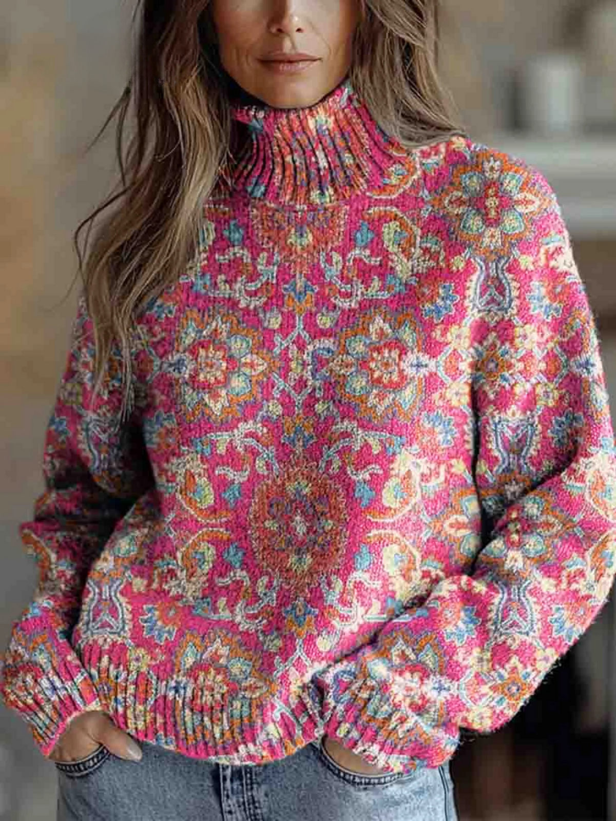 Retro Ethnic Floral Knit Turtleneck