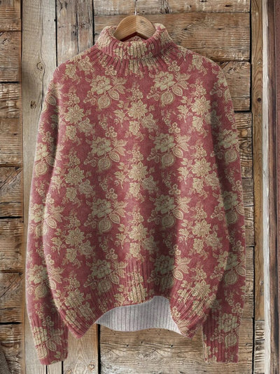 Retro Rose Print Knit Turtleneck Sweater