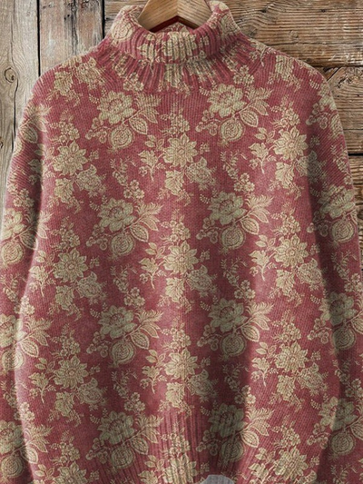Retro Rose Print Knit Turtleneck Sweater