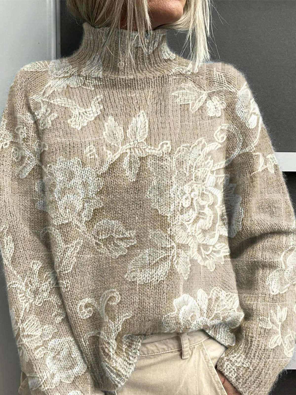 Timeless Vintage Floral Knit Turtleneck Sweater