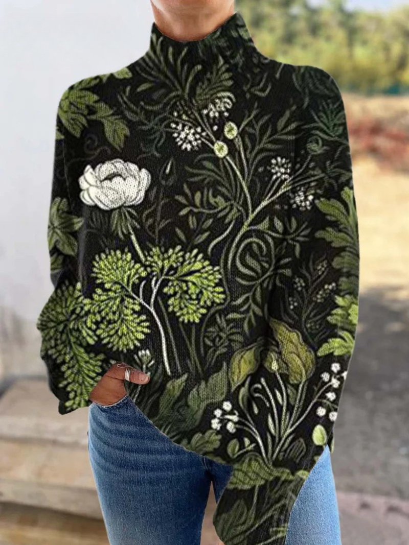 Botanical Floral Knit Turtleneck Sweater